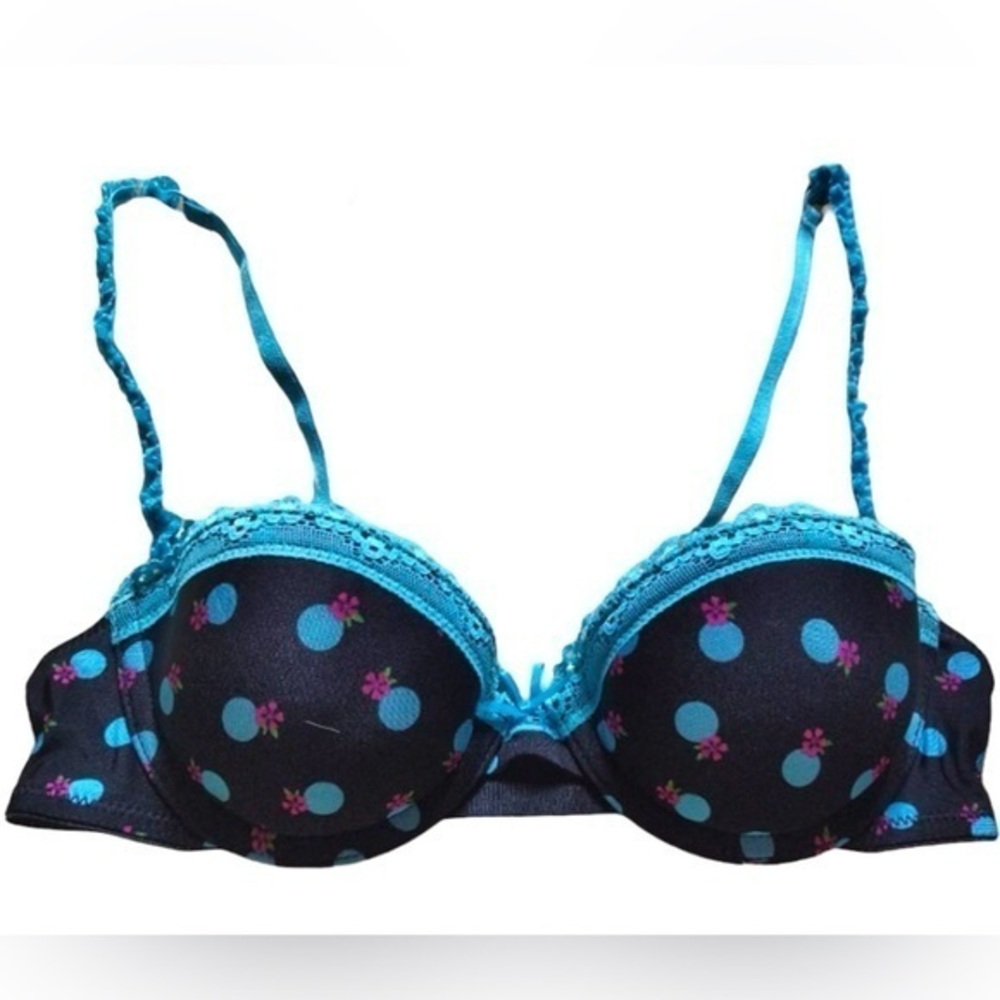 New Victoria’s Secret 34C Underwire Balconette Bra Blue Polka Dots Flowers Black